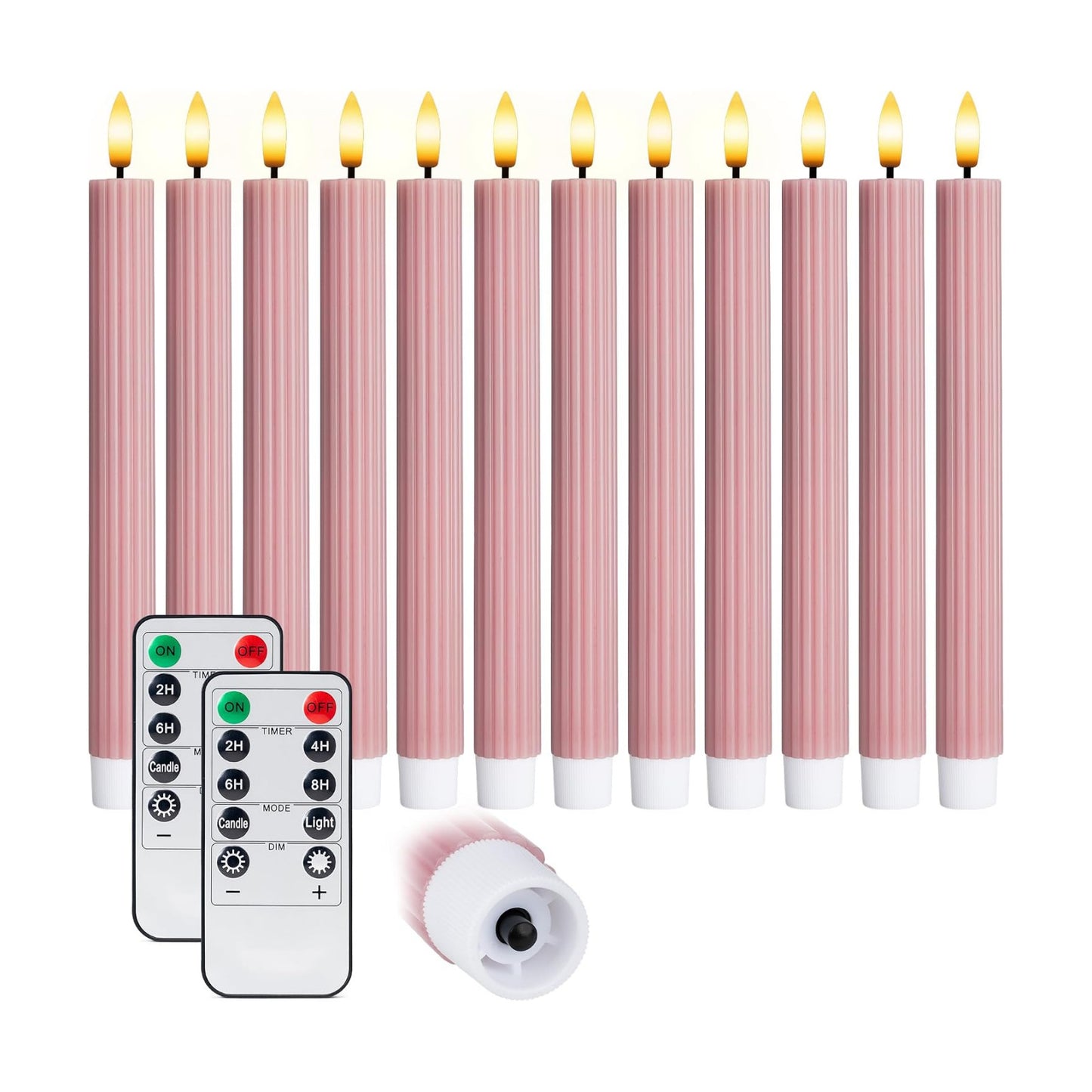 10" Fluted Ribbed LED Dusty Rose Grooved Real Wax Taper Candles, Remote & 24h Timer Memory, On/Off Switch - Flameless