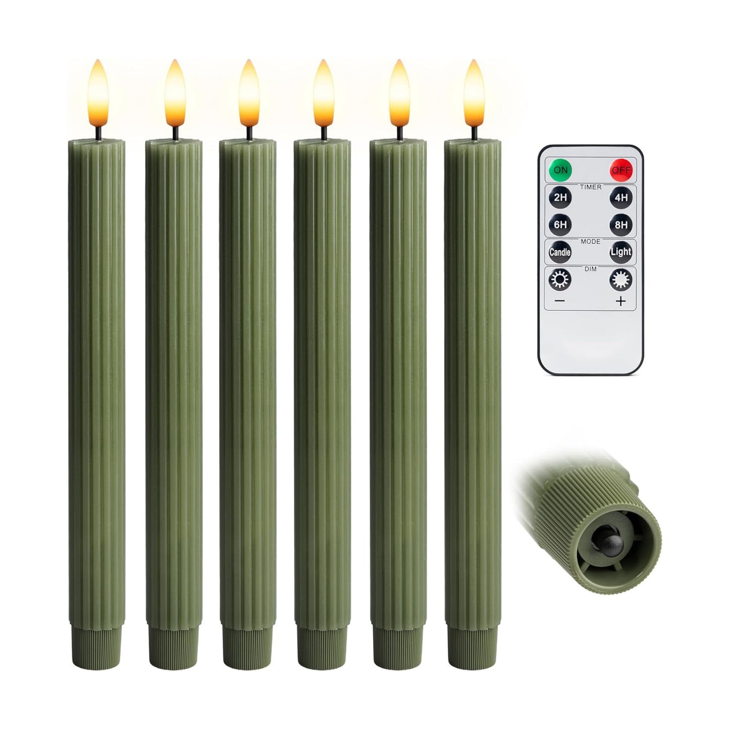 10" Fluted Ribbed LED Sage Olive Loden Green Grooved Real Wax Taper Candles, Remote & 24h Timer Memory, On/Off Switch