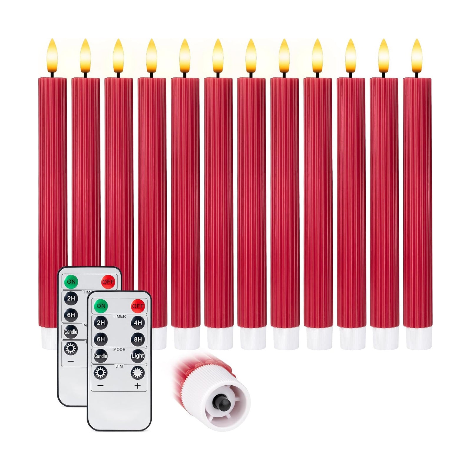 10" Fluted Ribbed LED Red Grooved Pillar Candles, Remote & 24h Timer Memory, On/Off Switch - Flameless Dimmable Battery