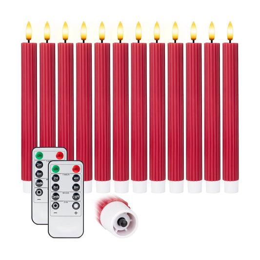 10" Fluted Ribbed LED Red Grooved Pillar Candles, Remote & 24h Timer Memory, On/Off Switch - Flameless Dimmable Battery