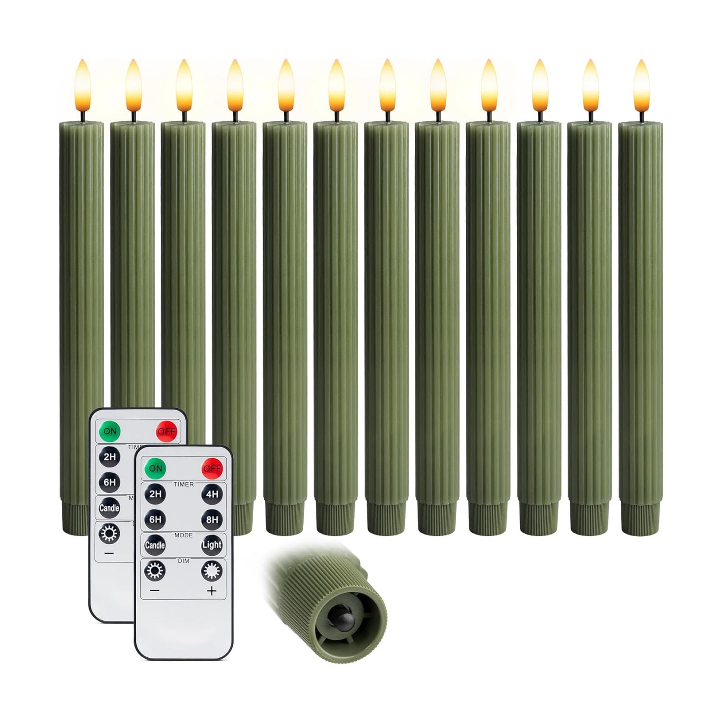10" Fluted Ribbed LED Sage Olive Loden Green Grooved Real Wax Taper Candles, Remote & 24h Timer Memory, On/Off Switch