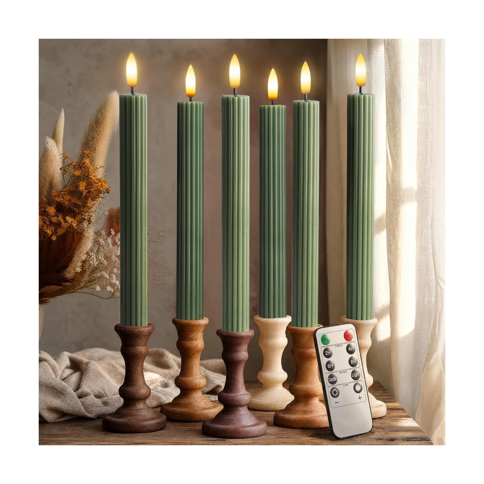 6 Pack, 10" LED Flameless Real Wax Sage Olive Loden Green Fluted Ribbed Grooved Taper Candles, Remote & 24h Timer