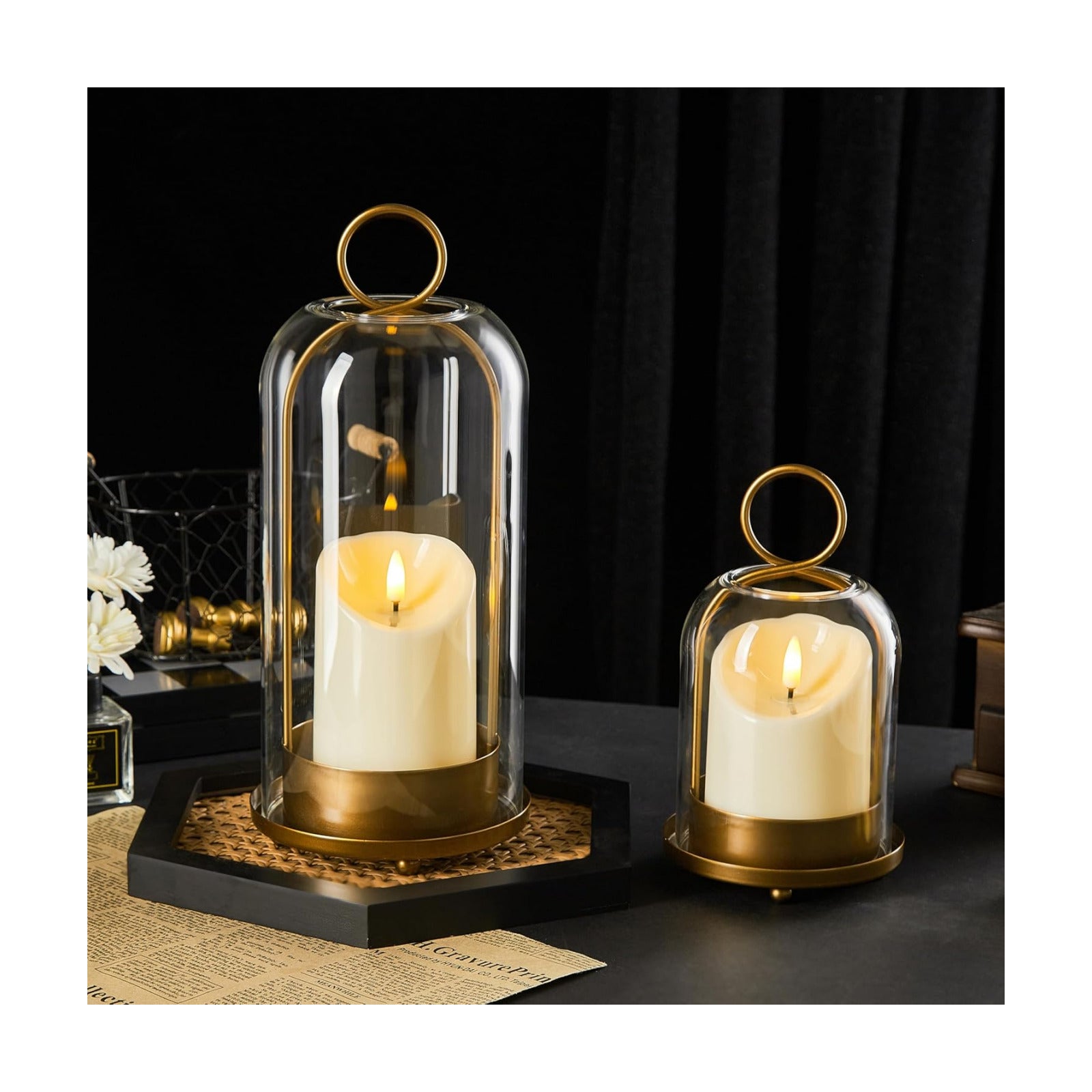 5"&4" Metal Candle Holder with Handmade Glass Dome in Brass & 2 Timer Candles, Set of 2 Versatile Hurricane Glass