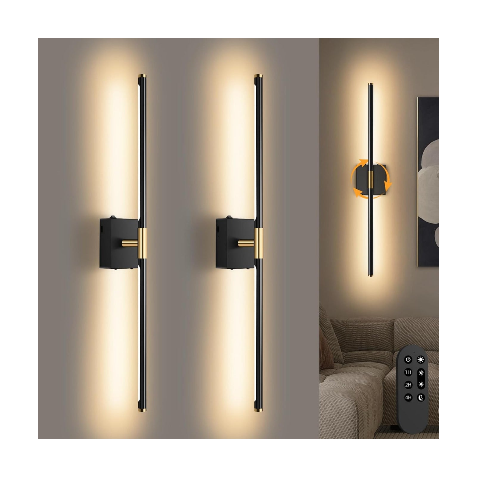 SAIMAND Battery Operated Wall Sconces Set of 2, Wireless Lights with Remote | USB Rechargeable Picture Lamp, 360°