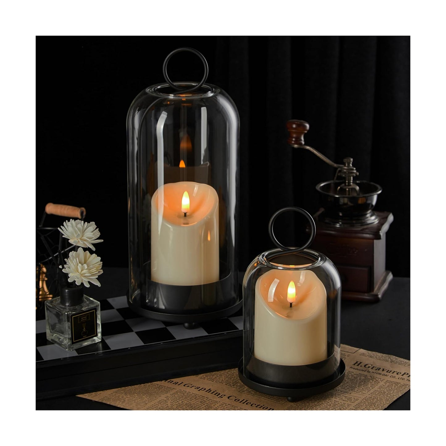 5"&4" Metal Candle Holder with Handmade Glass Dome in Brass & 2 Timer Candles, Set of 2 Versatile Hurricane Glass