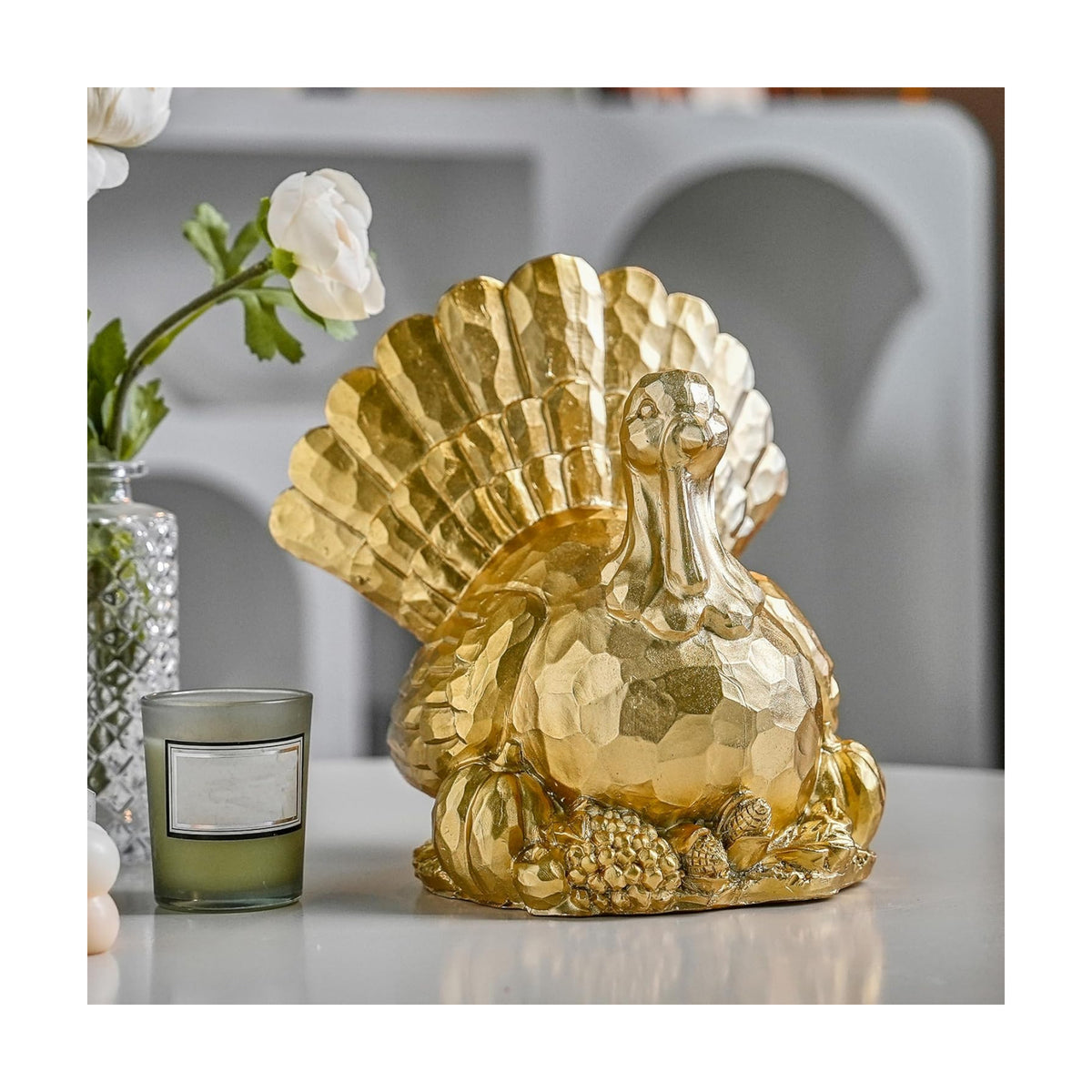 FESTGLOX Thanksgiving Turkey Decor, Gold Resin Turkey Figurine Table Decor