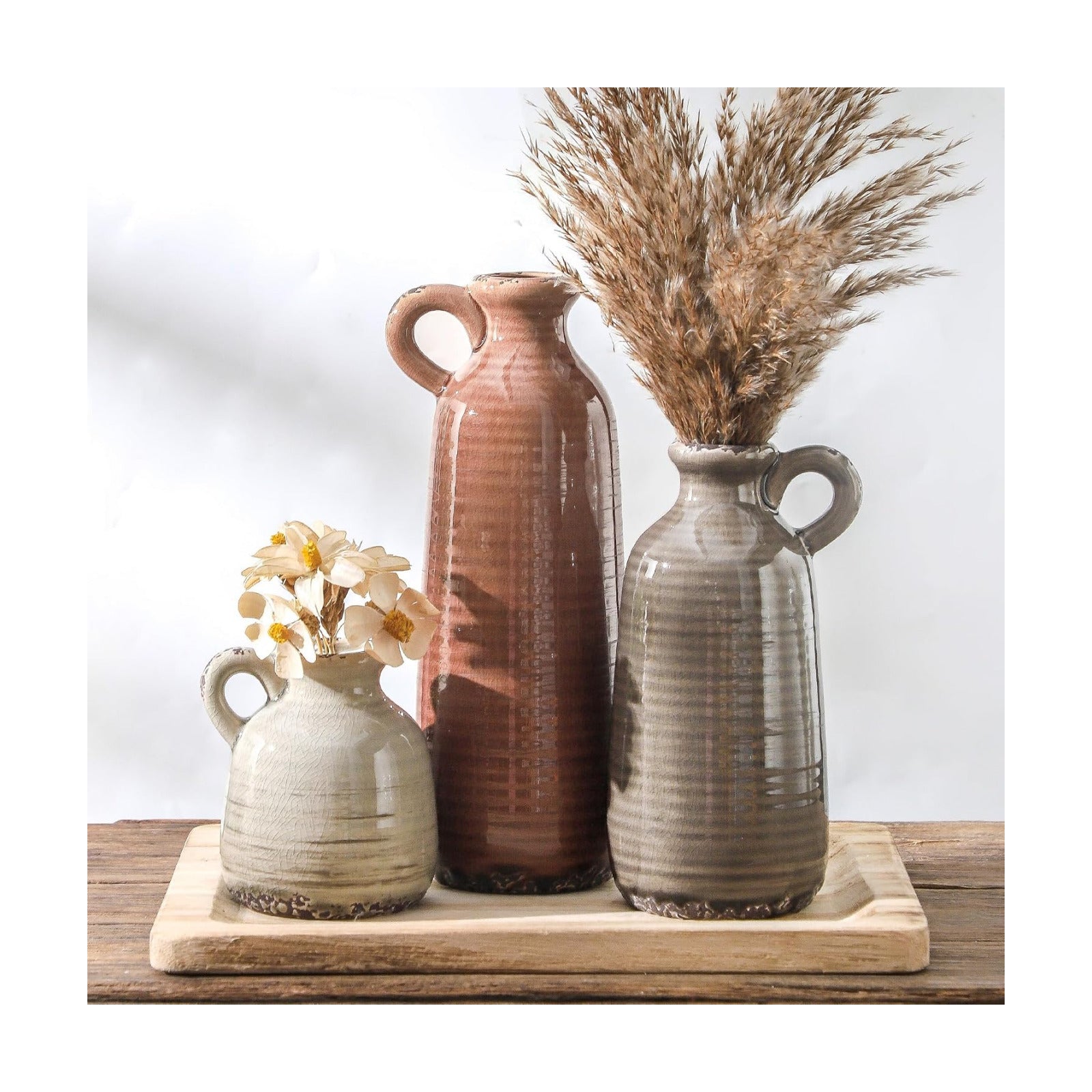 Ceramic Vases / Neutral Rustic Farmhouse Vase / 010 Vase Set with Handle - Brown / Set of 3