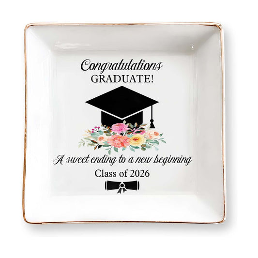 Cap & Flowers Graduate 4" Ceramic Jewelry Dish / Graduation