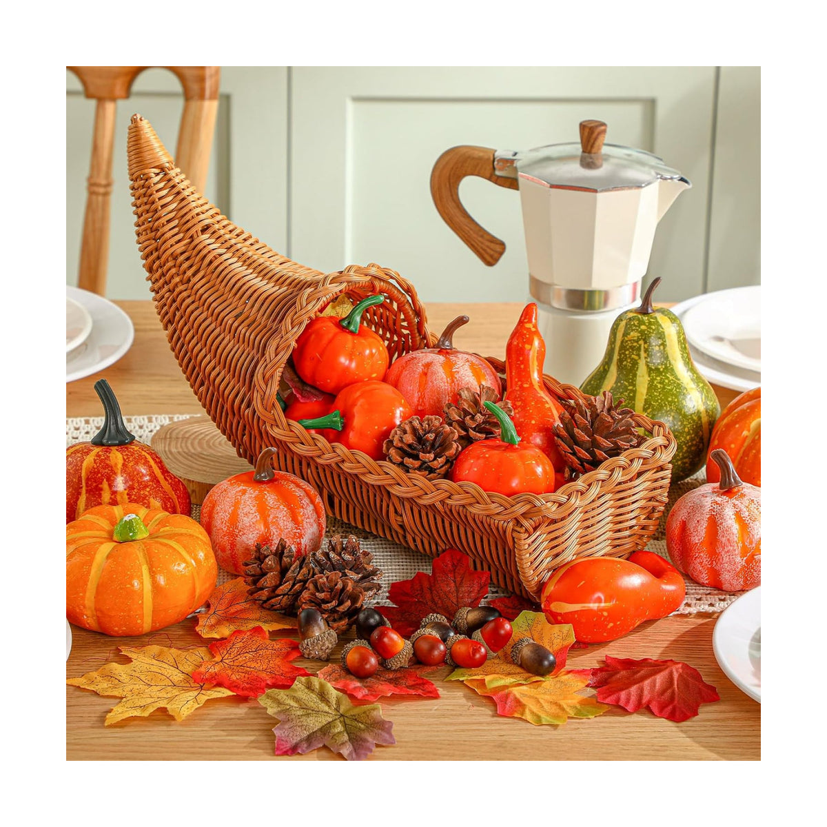 100 Pcs Fall Cornucopia Basket Set with Pumpkins Acorns Leaves