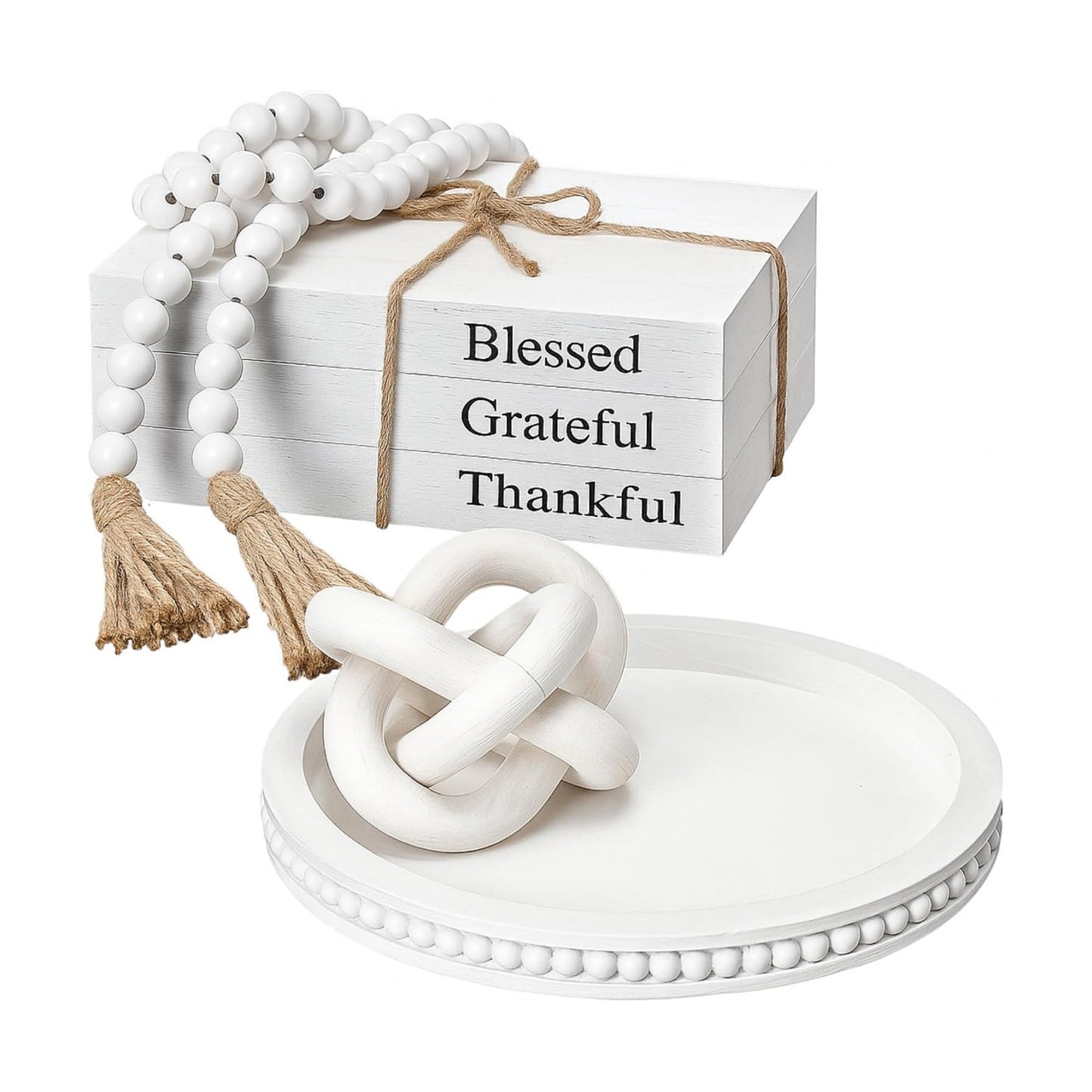 Rustic Wooden Coffee Table Tray Decoration Set / White / Thankful / Set of 6
