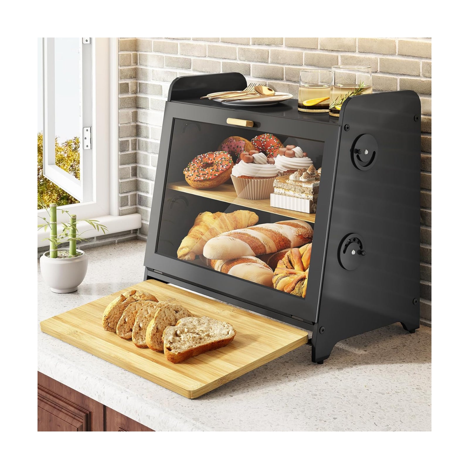 SNTD Airtight Bread Box for Kitchen Countertop, Bamboo Cutting Board, Black | Adjustable Vent Hole, Sorted Storage
