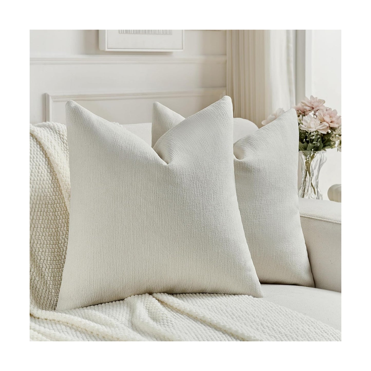 Chenille Decorative Throw Pillow Covers / Cream / 18 x 18 / Set of 2