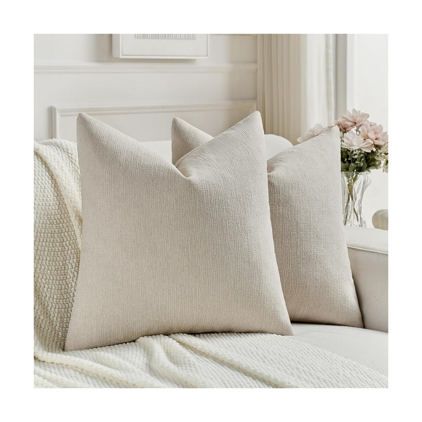 Chenille Decorative Throw Pillow Covers / Beige / 18 x 18 / Set of 2
