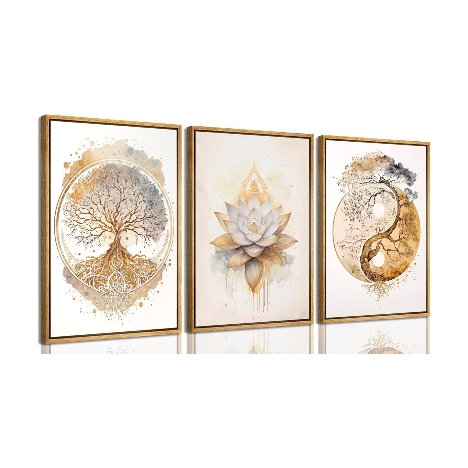 Tree of Life Canvas Wall Art Lotus Zen Painting / Wood Grain Frame / Framed / 16"L x 12"W / Gold