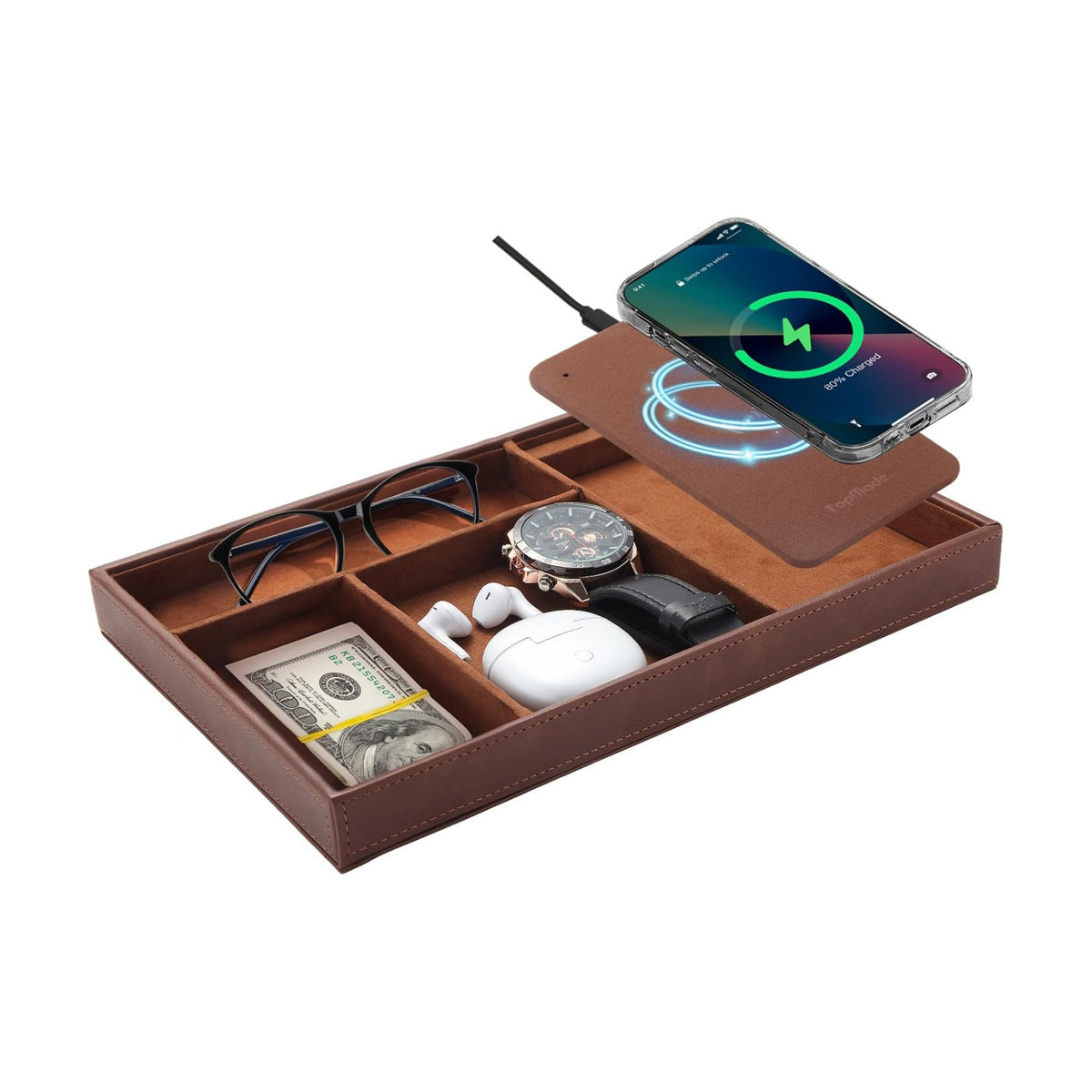 TopMade Valet Tray with Wireless Charging Pad Nightstand Organizer, Leather Desktop Storage Dresser Organizer Charging