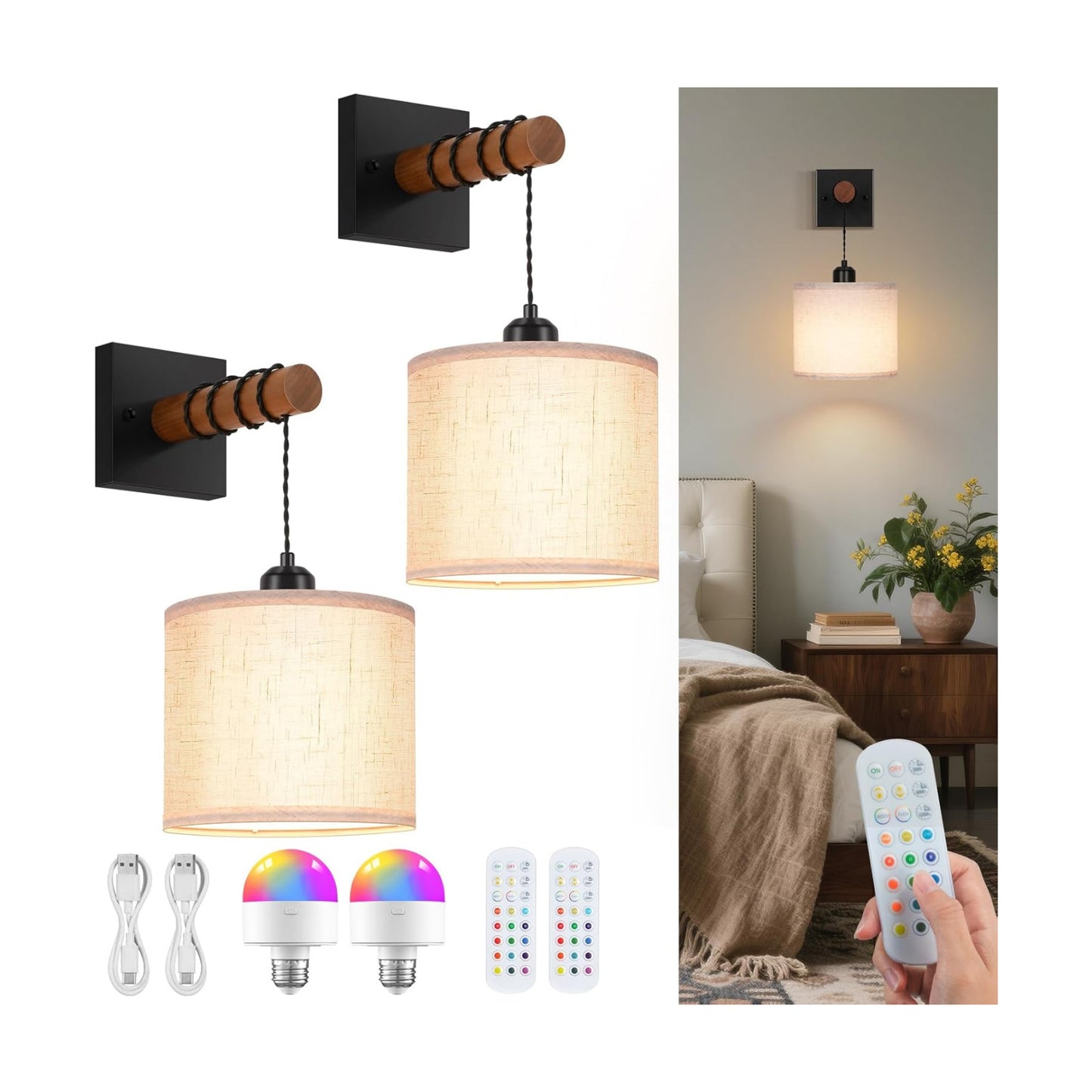 Battery Operated Wall Sconces Set of 2, 8000mAh Rechargeable Sconce RGB 15 Colors Dimmable Wall Sconce Wireless Battery
