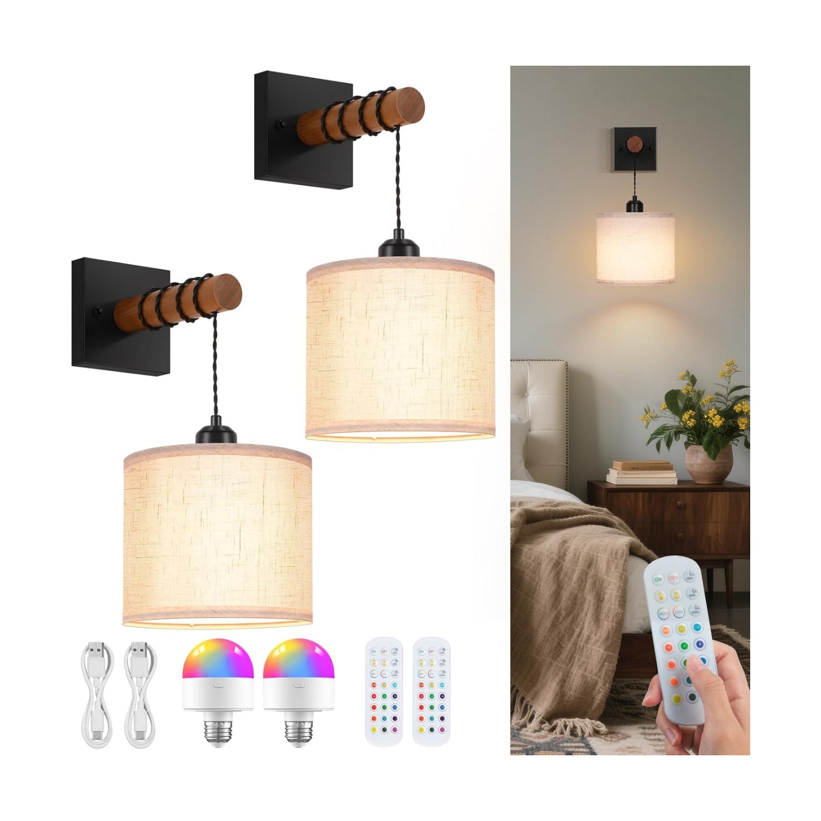 Battery Operated Wall Sconces Set of 2, 8000mAh Rechargeable Sconce RGB 15 Colors Dimmable Wall Sconce Wireless Battery