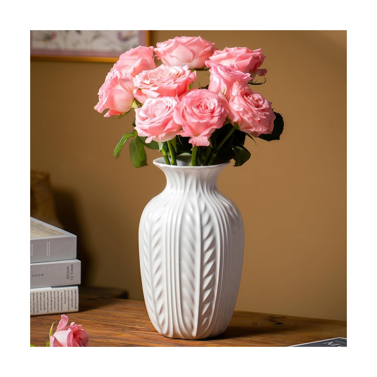 Wheat Textured White Ceramic Flowers Vase Modern Home Decor / Matte White / 10 Inch