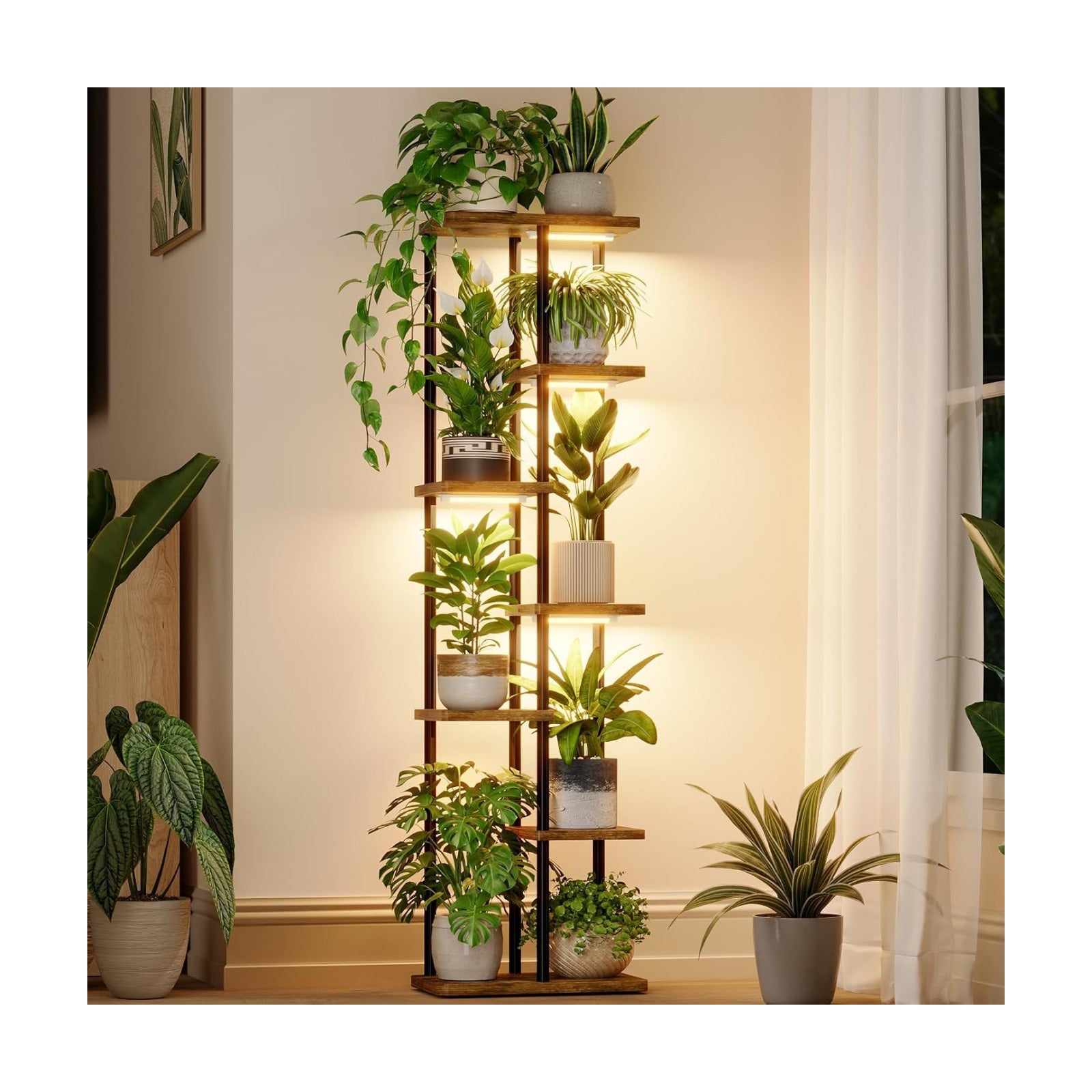 Bamworld Plant Stand with Grow Light for Indoor Plants Corner 7 Tier | Metal Plant Shelf Wood Flower Stand for Home