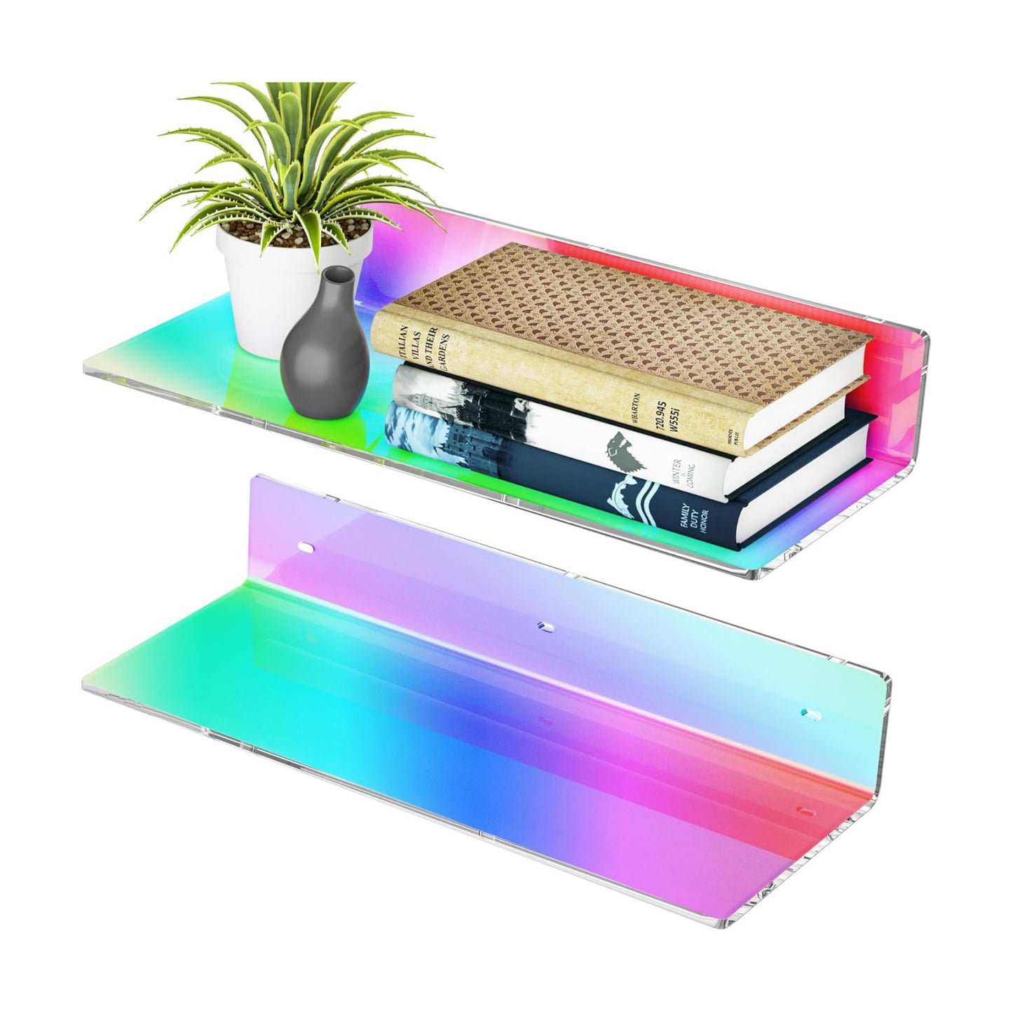 Sezanrpt 2 Pack Iridescent Acrylic Floating Shelves 15 Inches, Wall Hanging Bathroom Shelves, Wall Storage Shelf for