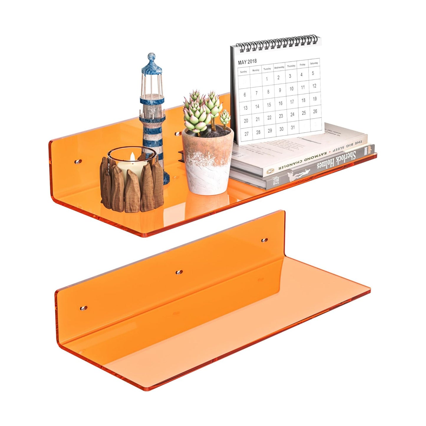 Sezanrpt 15 Inches Orange Acrylic Wall Shelves 2 Pack, L Shape Floating Shelf, Perspex Wall Mounted Shelves for Home