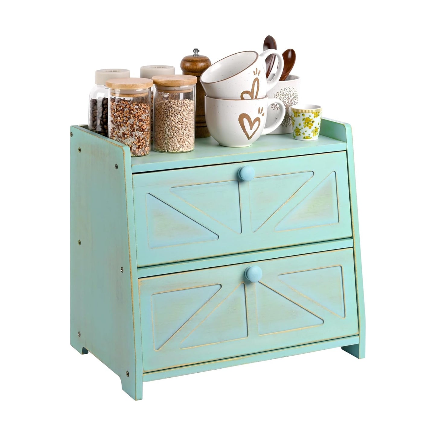 Bamboo Corner Bread Box for Kitchen Countertop 2-Tier Green | Farmhouse Bread Storage Container, Large Pantry