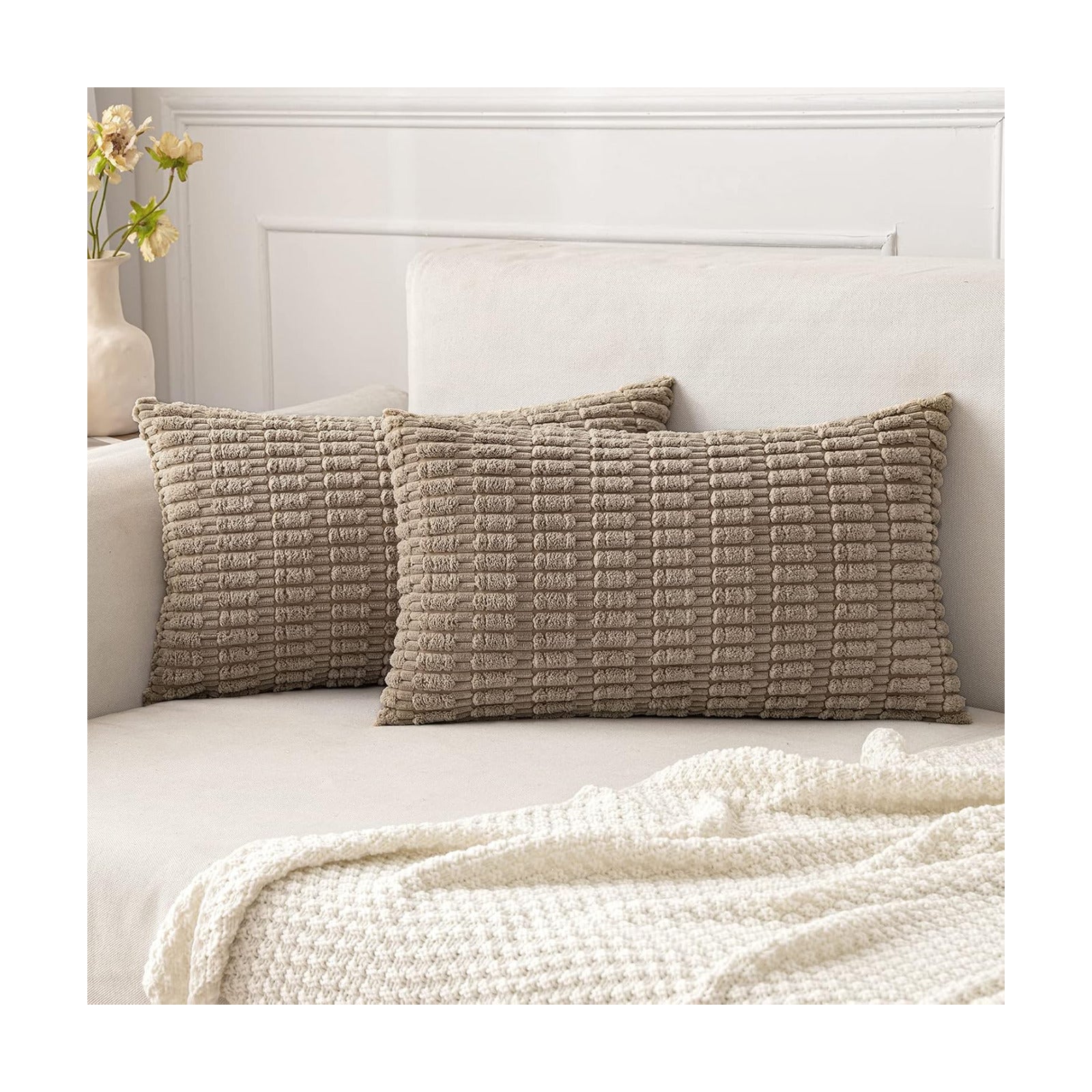 MIULEE Lumbar Corduroy Decorative Throw Pillow Covers 22x14 Light Brown
