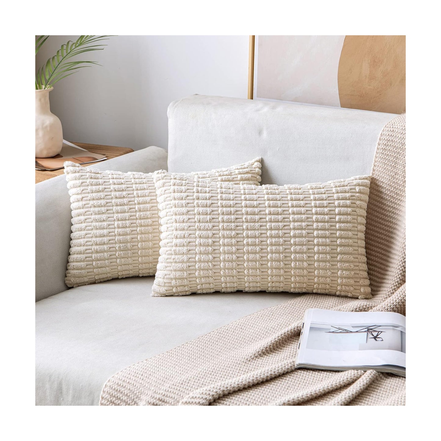 MIULEE Lumbar Corduroy Decorative Throw Pillow Covers 22x14 Cream White
