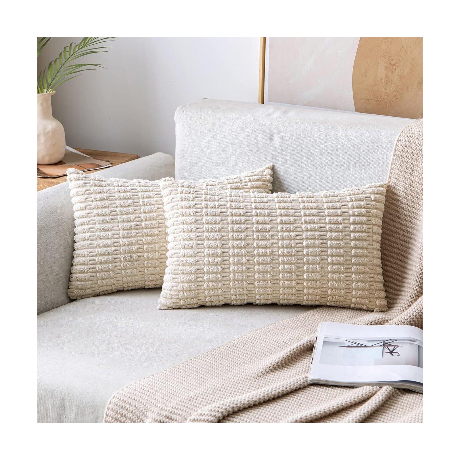 MIULEE Lumbar Corduroy Decorative Throw Pillow Covers 22x14 Cream White