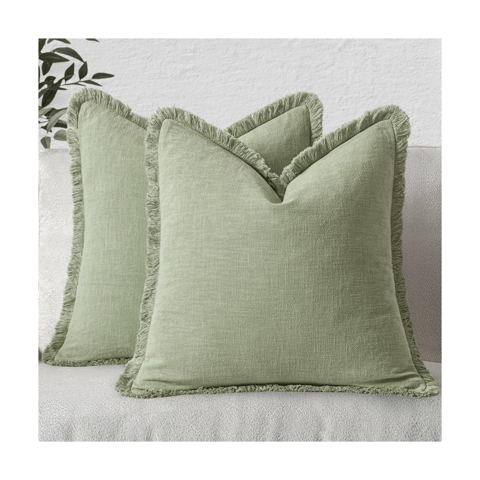 MIULEE Linen Fringe Decorative Euro Throw Pillow Covers Sage Green 24x24