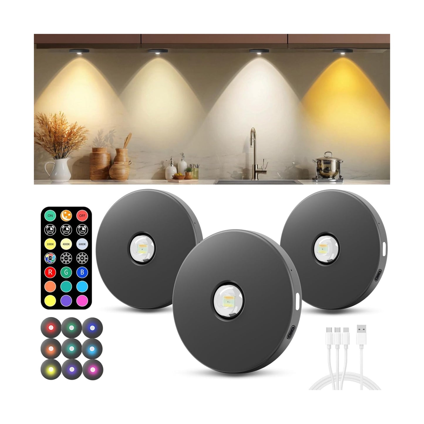 Puck Lights with Remote Control, 2000mAh Rechargeable Cabinet Light, Under Counter Tap Light Wireless, Display Cabinet
