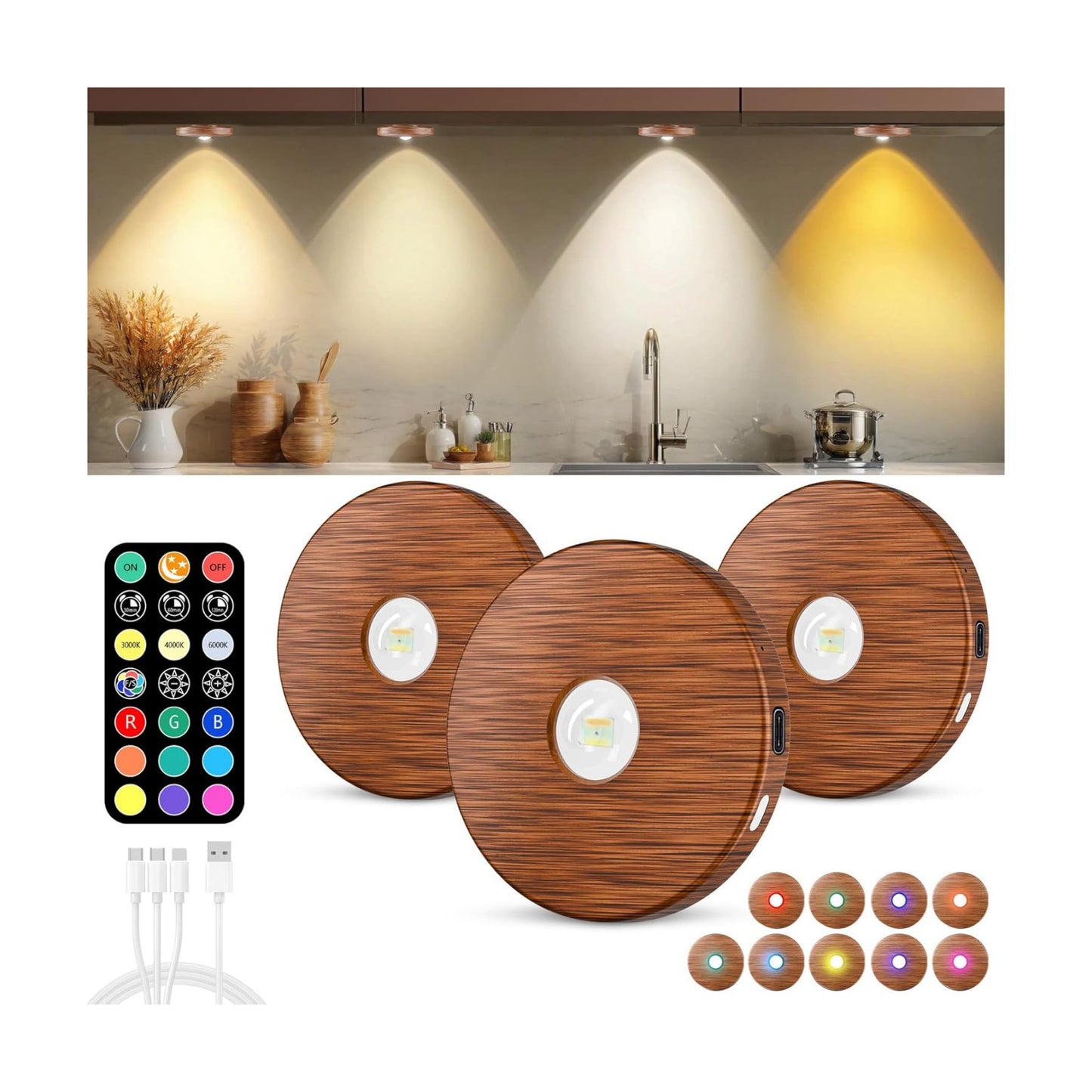 Puck lights with remote, 2000mAh rechargeable cabinet light, Under Cabinet Lighting Wireless, Display Cabinet, Dimmable