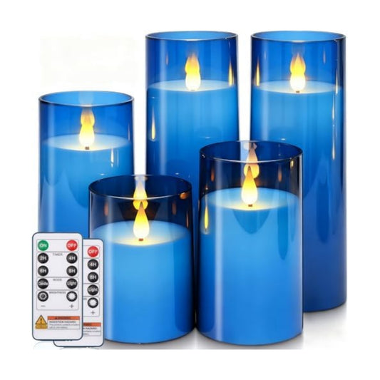 Homemory Blue Flickering Flameless Candles, Battery Operated Acrylic LED Pillar Candles with Remote Control and Timer, Blue Decor, Set of 5