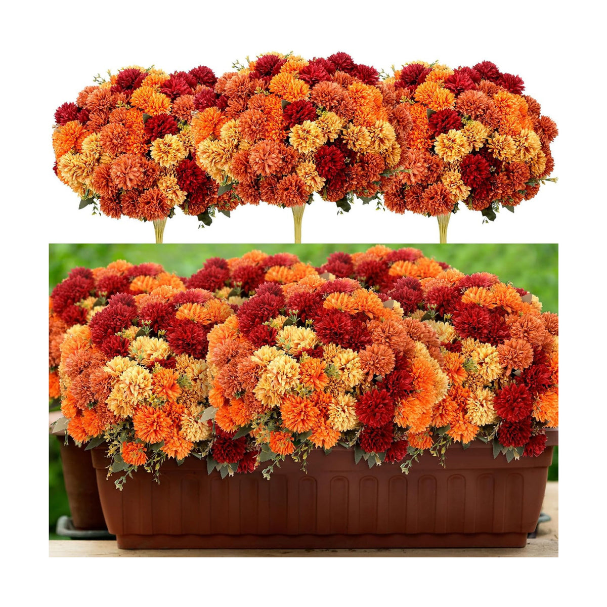 XunYee 12 Pcs Fall Artificial Flowers for Outdoor Faux Mums,Burnt Orange