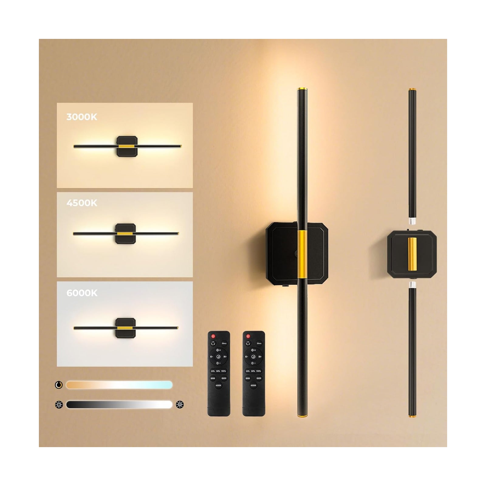 Battery Operated Wall Sconces 360°Rotate Detachable Dimmable Set of 2 | Rechargeable Wall Light 3000-6500K with Remote