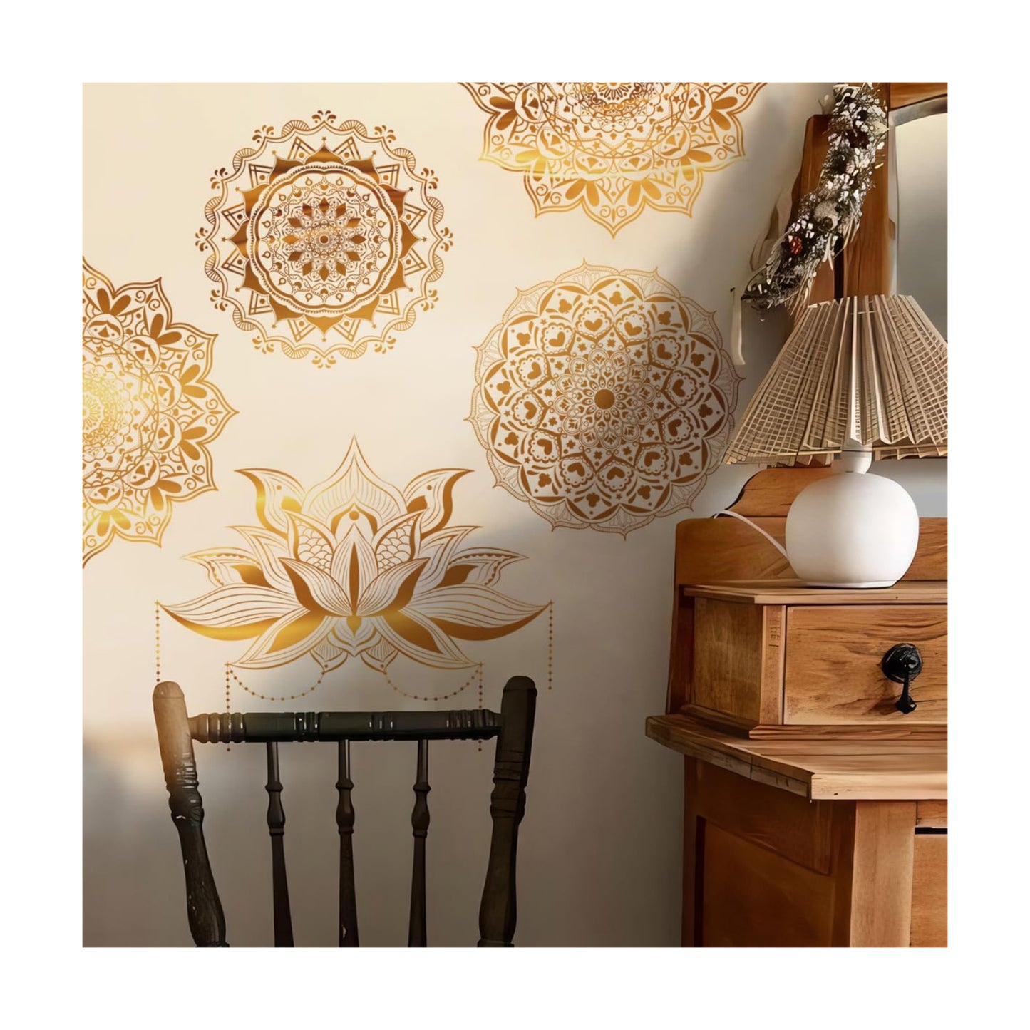 Mandala Wall Stickers Boho Large Lotus Floral Wall Decal Peel and Stick Bedroom Living Room / Gold