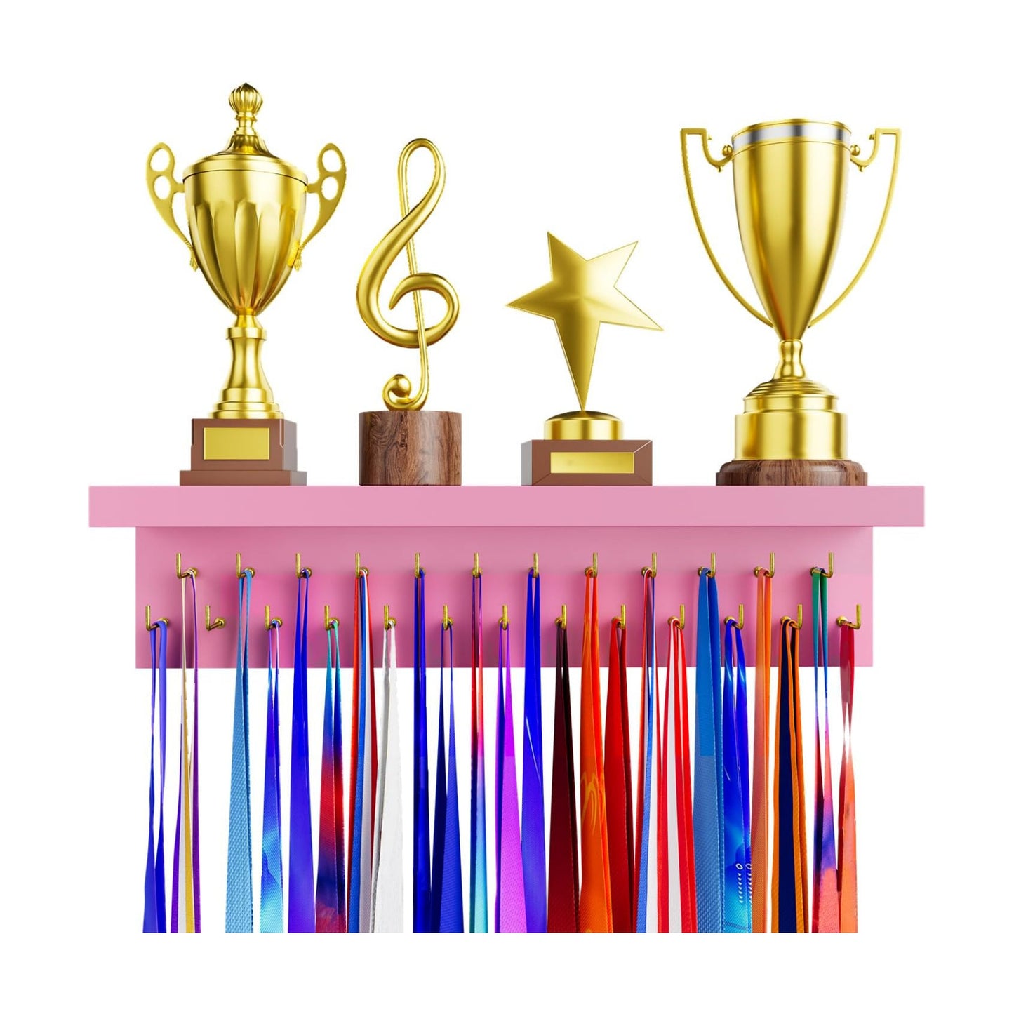 Medal Holder Display Trophy Shelf Organizer, Sturdy Wooden Race Award Hanger Rack with 25 Steel Hooks, Wall Mount