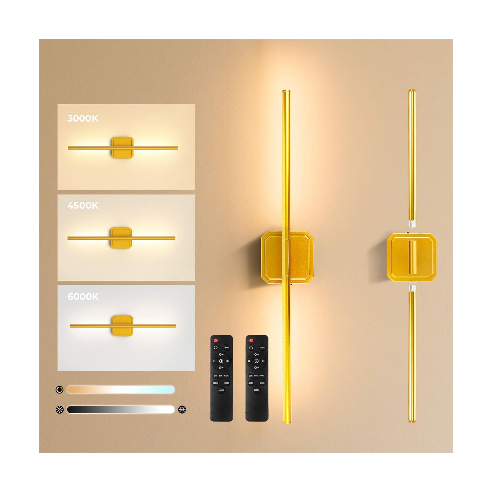 Battery Operated Wall Sconces Set of 2 Detachable 360°Rotate Dimmable | 3000-6500K Wall Lamps with Remote Control