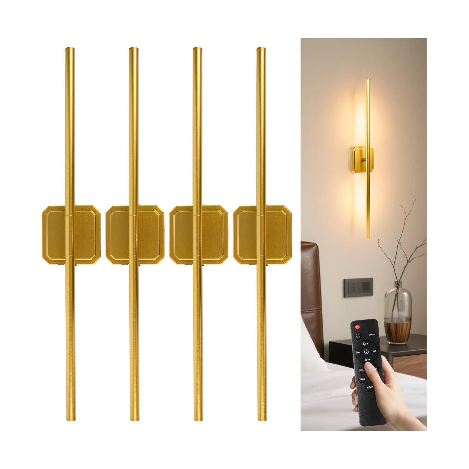 Rechargeable Wall Light Detachable 360°Rotate Wireless Dimmable 4 Pack | Battery Operated Wall Sconce 3000-6500K with