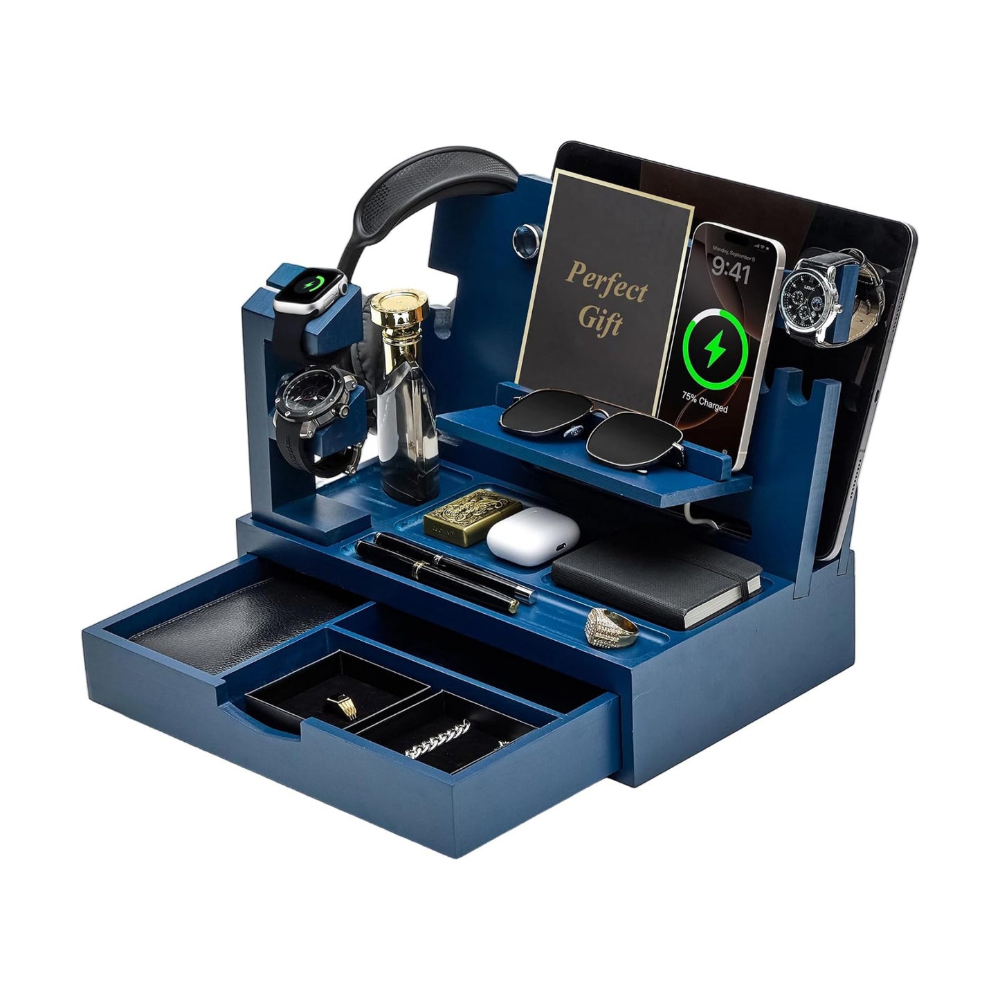 Nightstand Organizer for Men with Large Drawer, Wood Phone Docking Station for Phone, Apple Watch, Wallet & Keys, Ideal