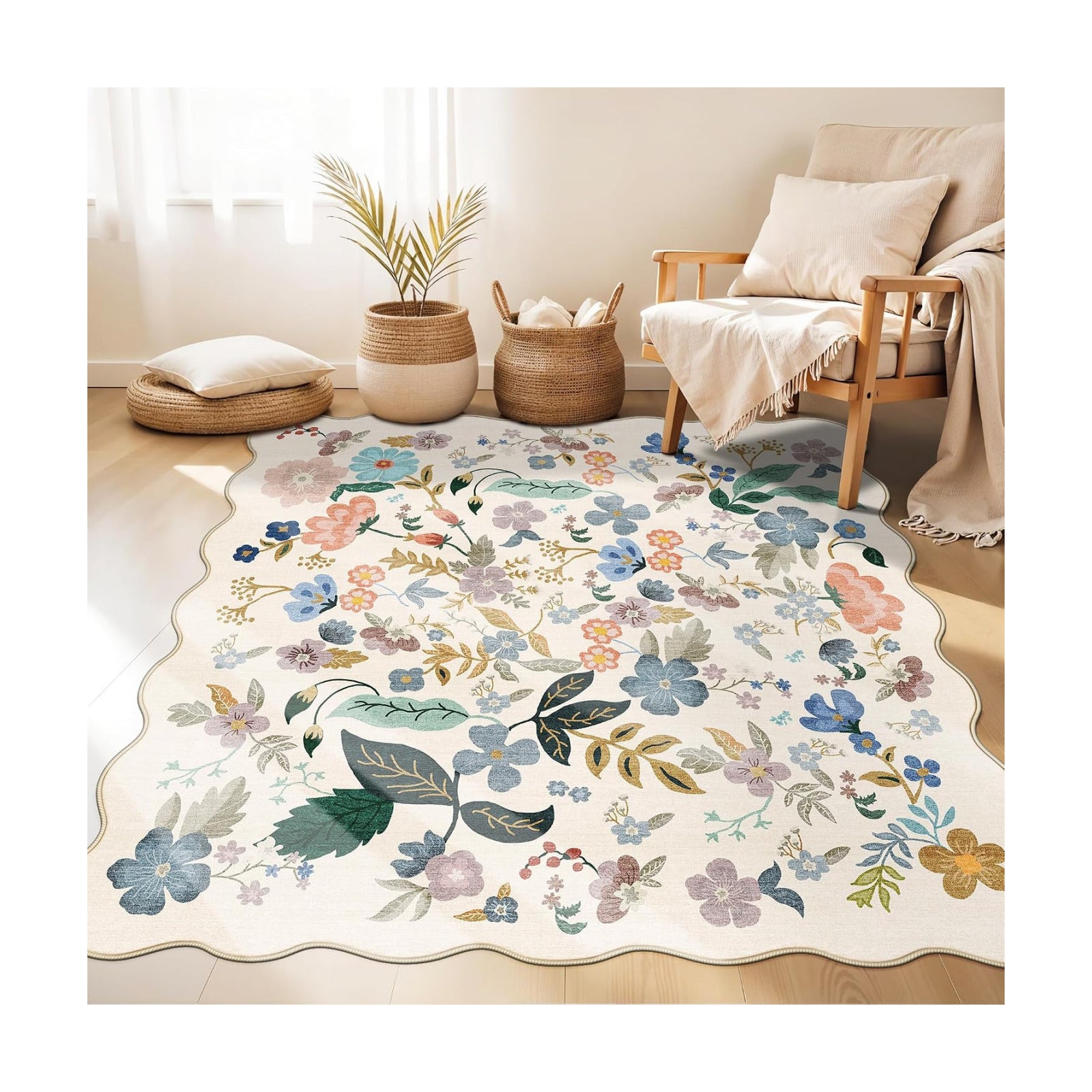 Washable 4x4 Square Area Rug: Floral Scalloped Soft Rugs for Living Room Bedroom Non Slip Bathroom Nursery Floor Mat