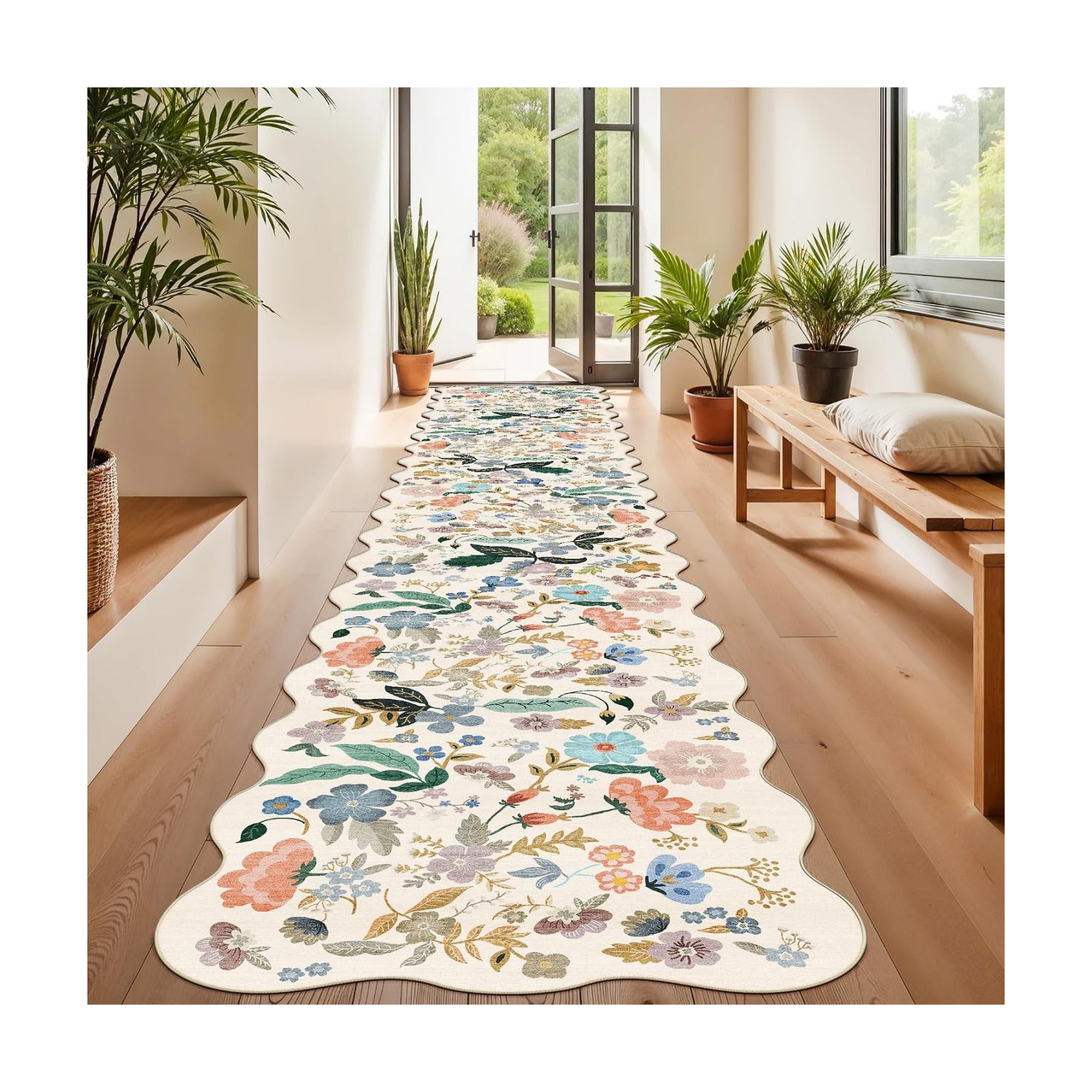 Hallway Floral 2'6x14 Runner Rugs: Washable Scalloped Soft Carpet with Non-Slip Backing for Entryway Kitchen