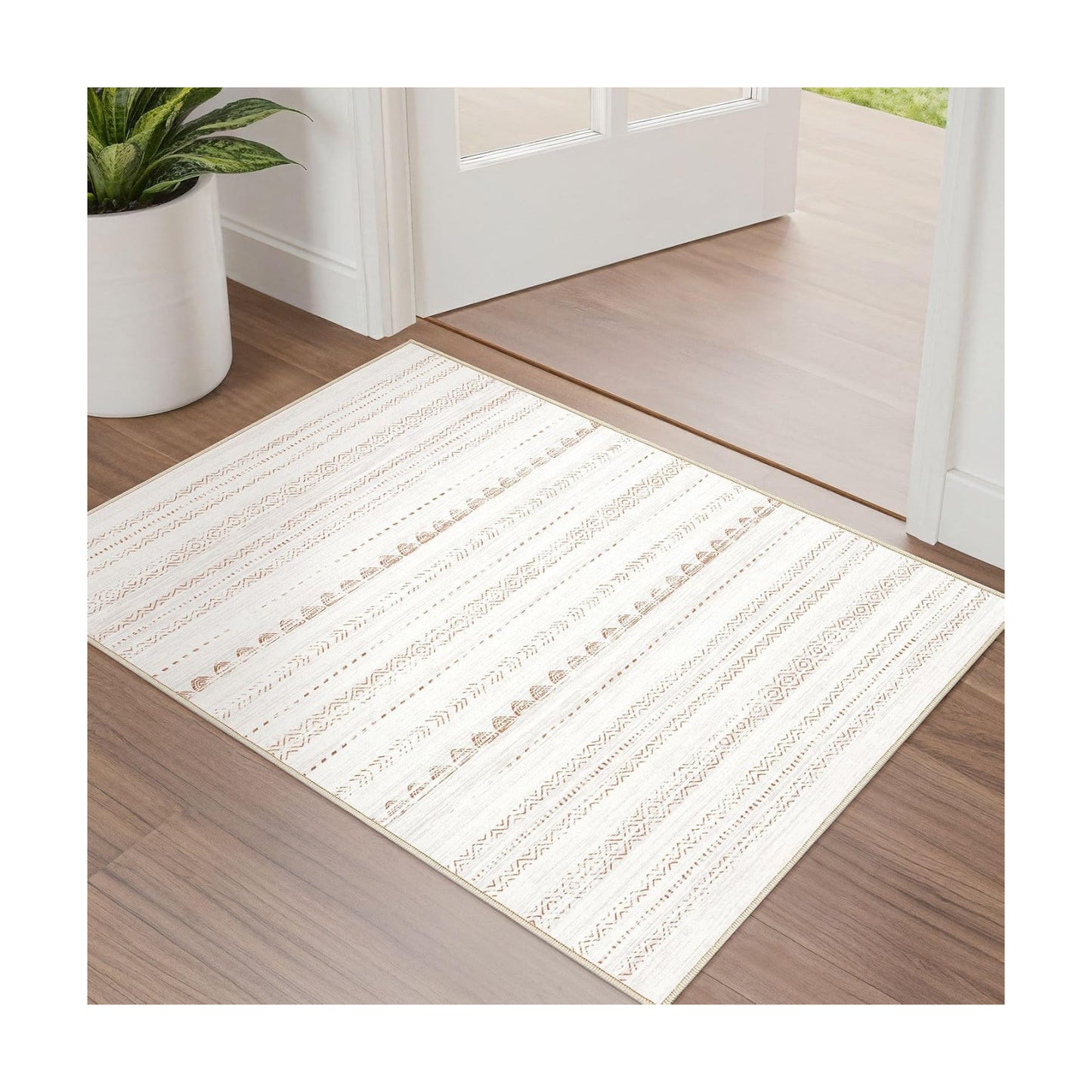 Nakagishi Boho 2x3 Washable Area Rug Non Slip Carpet for Entryway Beige