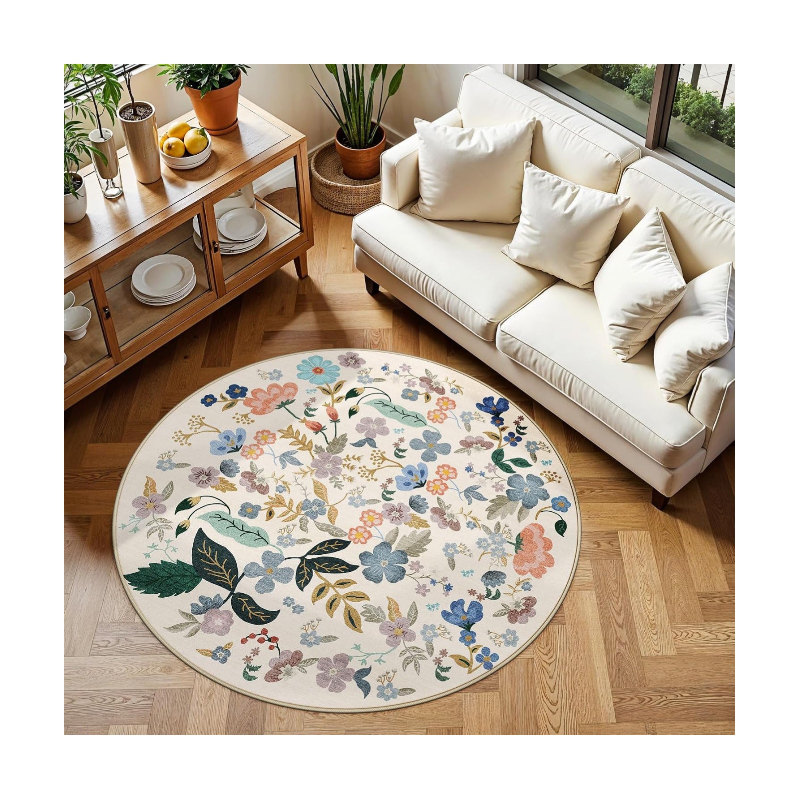 Washable Floral Round Rugs for Bedroom - 4x4 Feet Circle Area Rugs for Living Room Nursery Non-Slip Stain Resistant