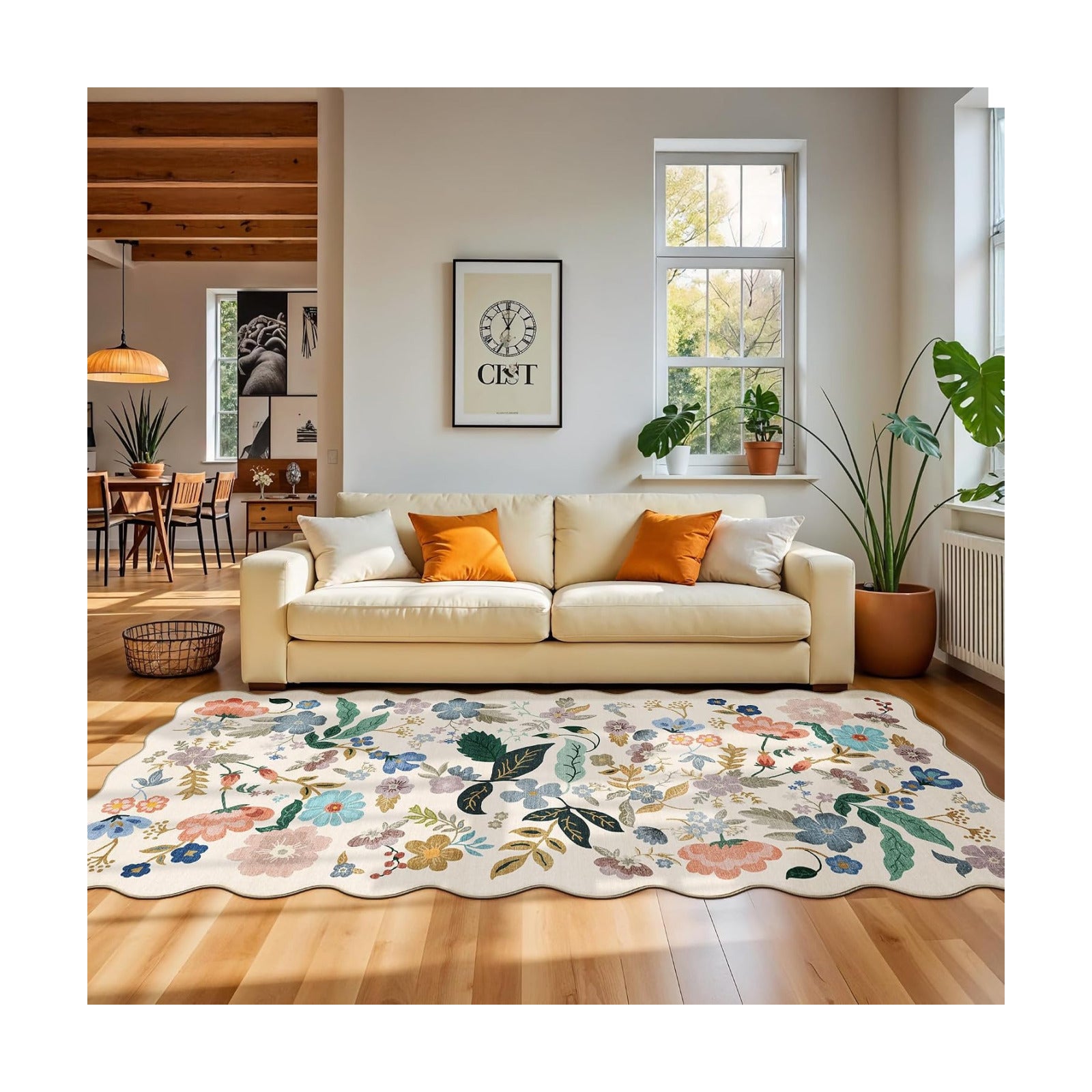 Washable 4x8 Wide Runner Rug: Hallway Entryway Non Slip Scalloped Floral Rug Farmhouse Soft Stain Resistant Carpet for