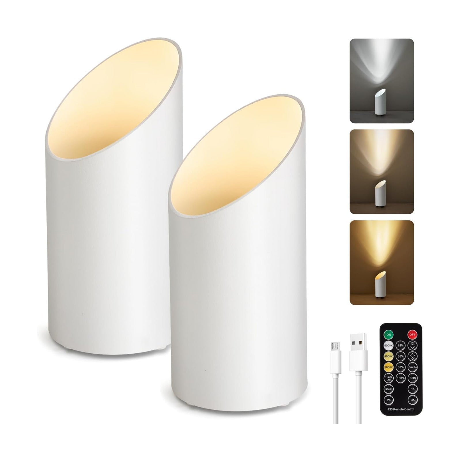 Powfloven 2 Pack Uplights Indoor Battery Operated, Wireless Uplighting | USB Charging, Remote, Timer, 3 Color