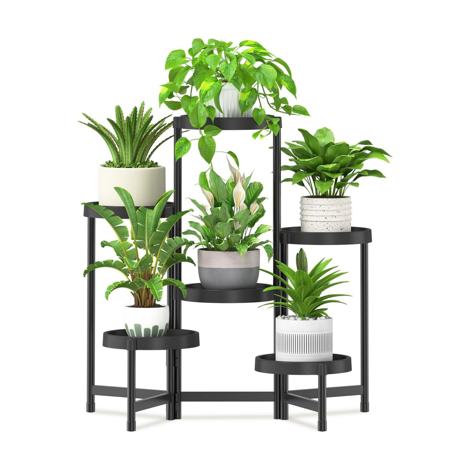 iDavosic.ly 6 Tier Folding Plant Stand Indoor Outdoor, Plastic Tray, Black | Space Saving Tiered Corner Storage Display