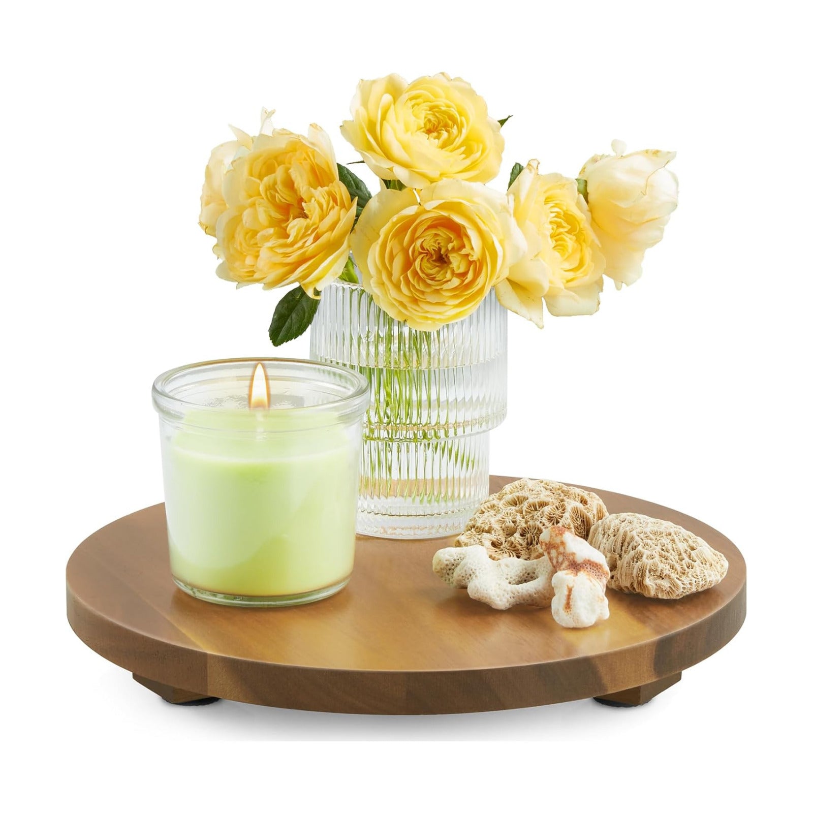 Small Round Decorative Tray Wood Bathroom Counter Organizer Pedestal Stand / Acacia / Set of 9