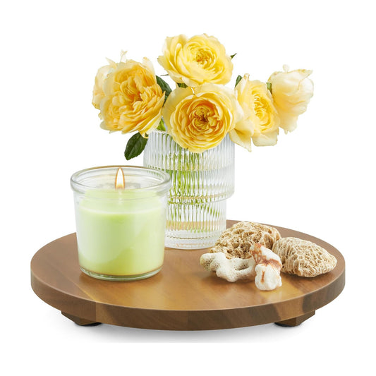 Small Round Decorative Tray Wood Bathroom Counter Organizer Pedestal Stand / Acacia / Set of 9