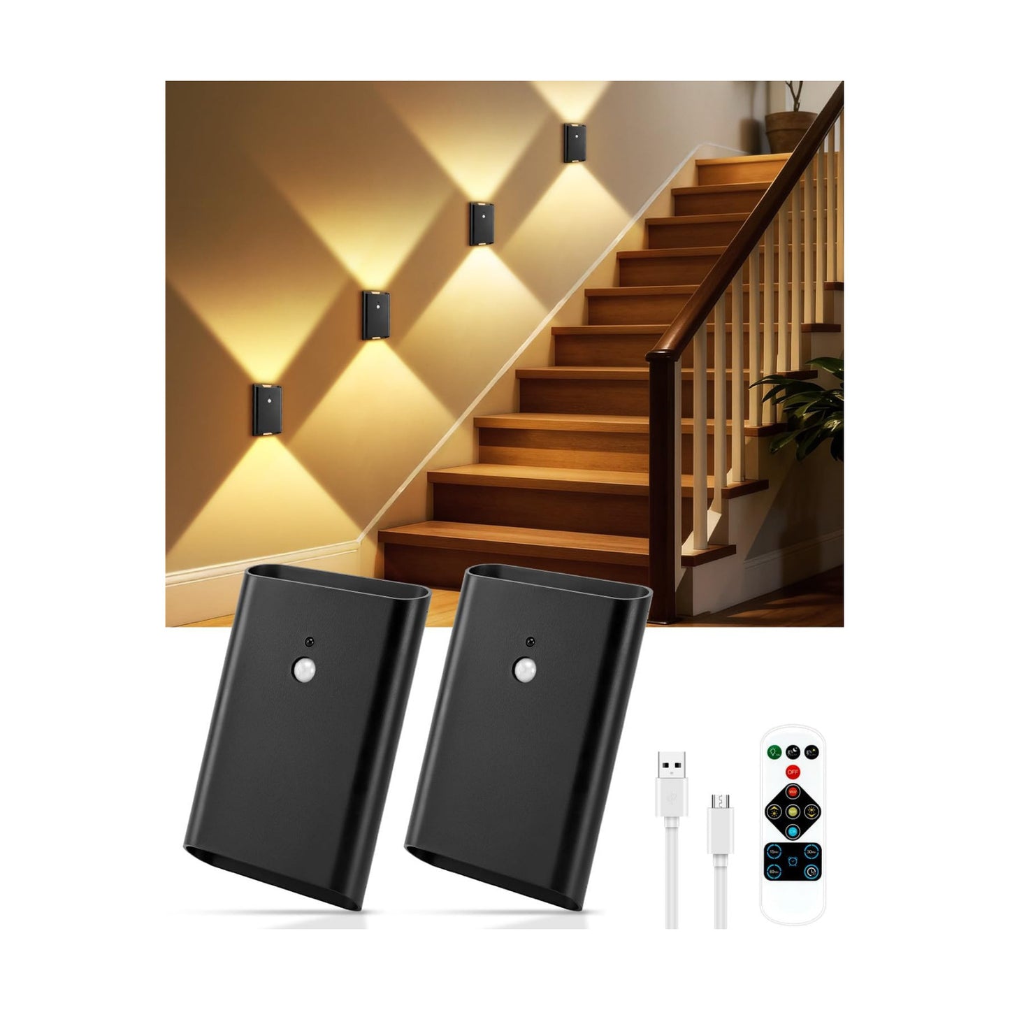 WERFOP Battery Operated Motion Sensor Wall Light Set of 2 (Black) | 5000mAh Rechargeable Wall Sconce Indoor, 3 Colors